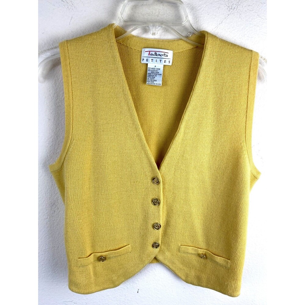Talbots Petite Yellow Wool Knit Vest Gold Button Sleeveless Sweater Preppy P